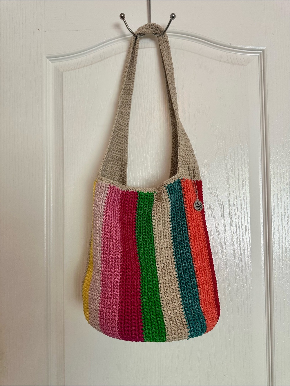 The Sak Originals rainbow striped crochet bucket bag
